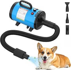 ADVWIN Dog Dryer, Pet Grooming Blow Dryer with Adjustable Speed, 3 Different Nozzles,Blue