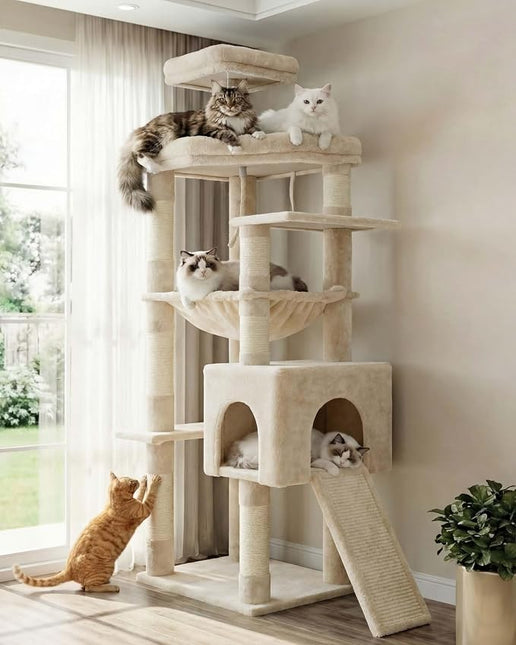 Heybly 64.2" Heavy-Duty Cat Tree for Large Cats, Extra-Large Hammock, Beige