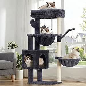 Heybly Cat Tree, 100 cm Small Cat Scratching Post with Large Platform, Cave 2 Hammocks