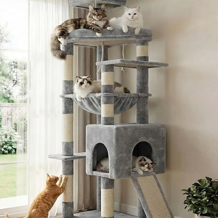 Heybly Heavy Duty Cat Tree, 64.2-Inch Tall Tower for Large Indoor Cats with Widened Structure,Extra-Large Hammock, Light Gray HCT027W