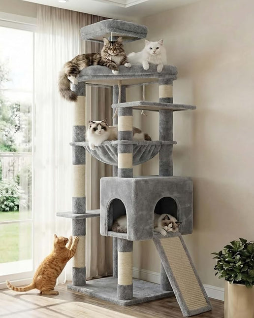 Heybly Heavy Duty Cat Tree, 64.2-Inch Tall Tower for Large Indoor Cats with Widened Structure,Extra-Large Hammock, Light Gray HCT027W