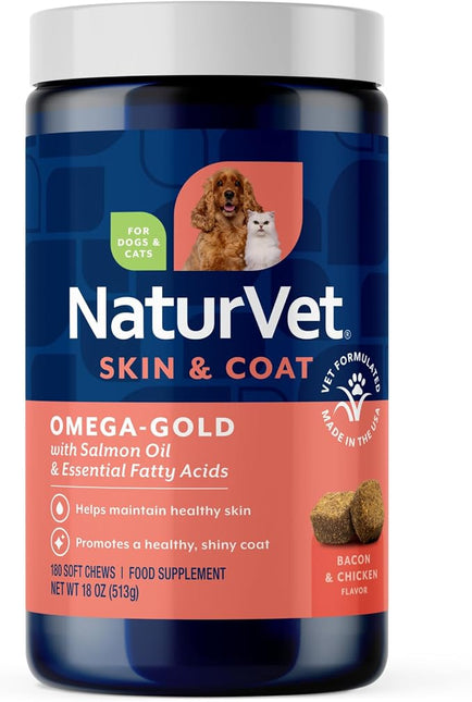 NaturVet Omega-Gold Plus Salmon Oil Skin Supplement for Pets - 180 Ct
