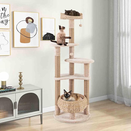 Costway Cat Tree, 164cm Cattail Cat Tower w/Jute Scratching Posts, Basket Bed, Adult Cats