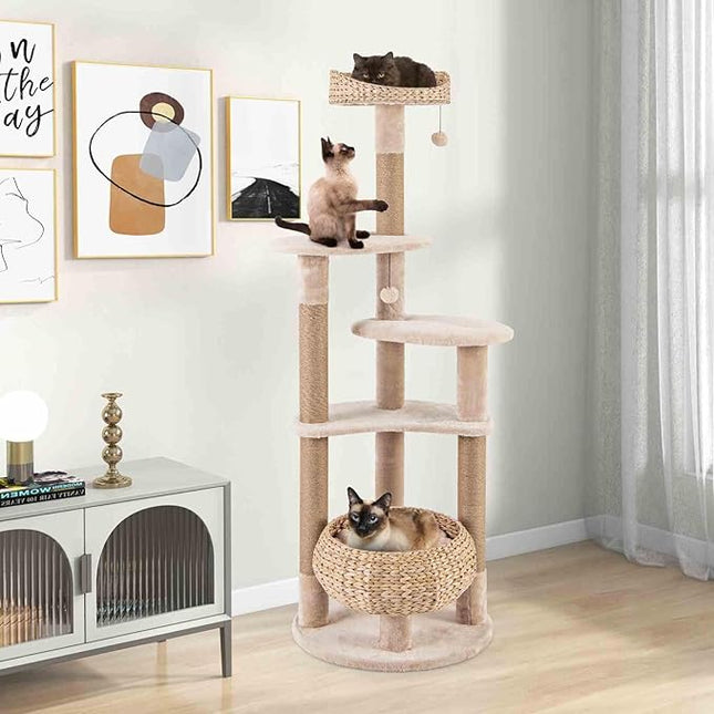 Costway Cat Tree, 164cm Cattail Cat Tower w/Jute Scratching Posts, Basket Bed, Adult Cats