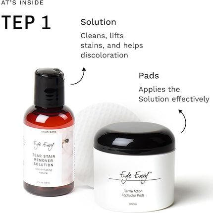 Product Energy Guide Eye Envy Cat Tear Stain Remover Starter Kit with ProPowder Brush. Stain Solution, Applicator Pads, Stain Powder, and Small Applicator Brush. Tear Stain Cleaning Kit. Lasts 30-45 Days. Made in USA.