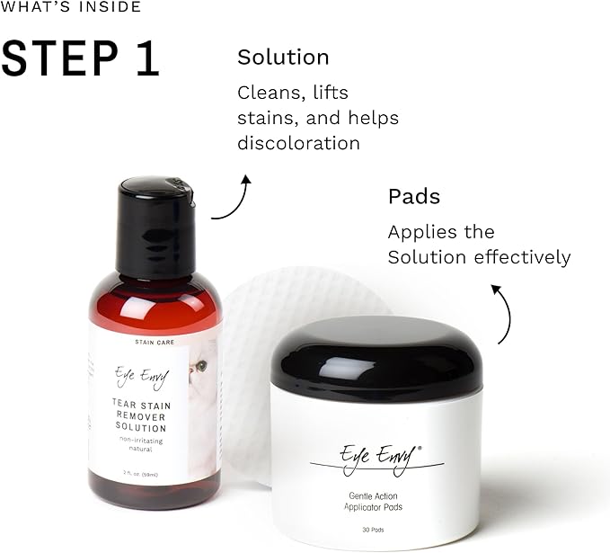 Product Energy Guide Eye Envy Cat Tear Stain Remover Starter Kit with ProPowder Brush. Stain Solution, Applicator Pads, Stain Powder, and Small Applicator Brush. Tear Stain Cleaning Kit. Lasts 30-45 Days. Made in USA.