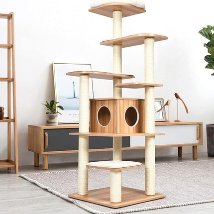 Cat Tree, Wooden Cat Tower with 6-Layer Platform, Sisal Rope Scratching Posts