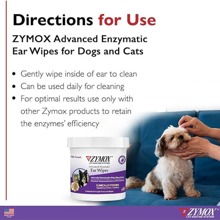 Zymox Advanced Enzymatic Ear Wipes for Dogs and Cats - Hypoallergenic - 100 ct