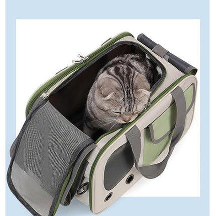 Collapsible Airline Approved Pet Carrier for Cats & Dogs up to 17 lbs – Soft-Sided Travel Carrier with Breathable Mesh, Roll-Up Curtain & Easy-Clean Design (Green+Beige)