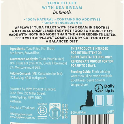 Applaws 100% Natural Wet Cat Food Tuna Fillet with Sea Bream in Broth, Limited Ingredients Pet Food 70g Pouch (Pack of 16)