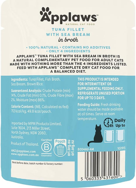 Applaws 100% Natural Wet Cat Food Tuna Fillet with Sea Bream in Broth, Limited Ingredients Pet Food 70g Pouch (Pack of 16)
