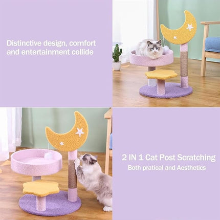 Indoor Cat Tree Tower – Small Kitten Condo with Bed, Built-in Sisal Scratcher, Moon & Star Design, 60cm Climbing Tower for Cats, Purple