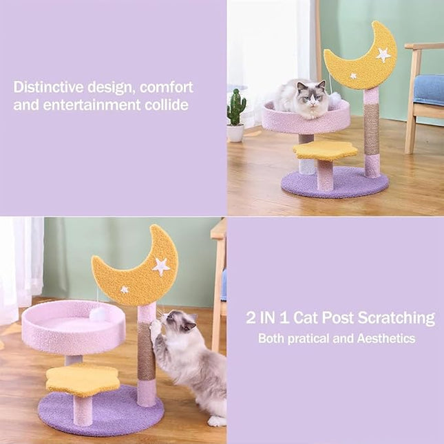 Indoor Cat Tree Tower – Small Kitten Condo with Bed, Built-in Sisal Scratcher, Moon & Star Design, 60cm Climbing Tower for Cats, Purple