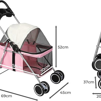 PaWz 4 Wheels Foldable Pet Stroller Dog Cat Travel Carrier Large Pink, Removable Canopy Dog Pram with 2 Safety Leash, Detachable Folding Pet Stroller Trolley for Cats Dogs, Pet Carrier with Wheels