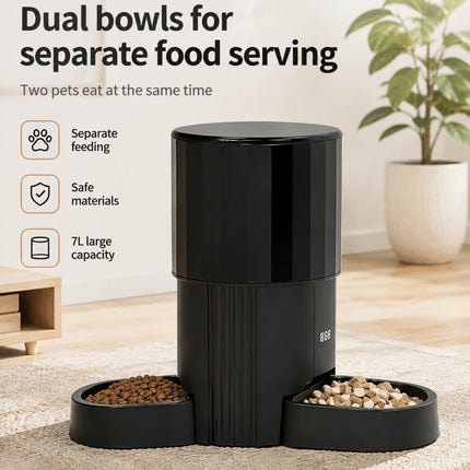 Automatic Cat Feeders for Two Cats, 7L Double Automatic Cat Food Dispenser with 2 Stainless Bowls, 5G WiFi