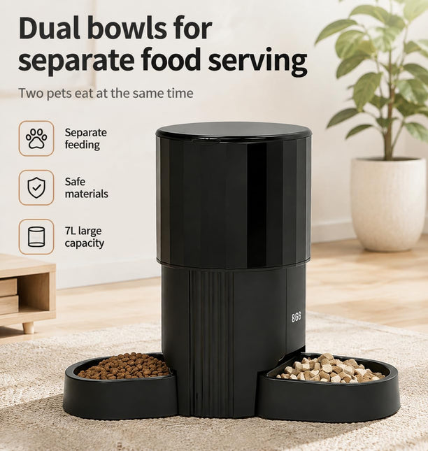 Automatic Cat Feeders for Two Cats, 7L Double Automatic Cat Food Dispenser with 2 Stainless Bowls, 5G WiFi