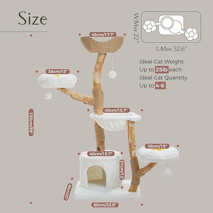 PAWZ Road Solid Cat Tree, Large Cat Tower for Indoor Cats with Large Cozy Hammock (Dia=40cm)