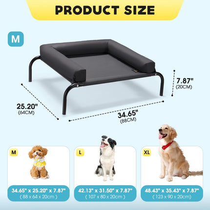 Cooling Elevated Dog Bed with Pillows, Raised Pet Bed for Small Medium Dogs, Portable Washable Dog Cot with No-Slip Rubber Feet, Indoor & Outdoor Use, Black, Medium(88x64x20CM)