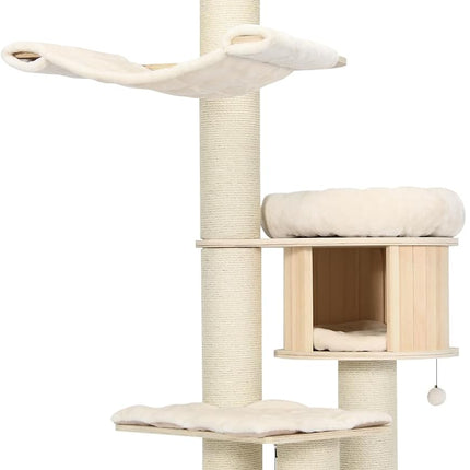 Wood Cat Tree for Indoor Cats, Tall Modern Cat Tower w/Sisal Scratching Posts, Condo, Padded Perch, Hammock, Napping Bed