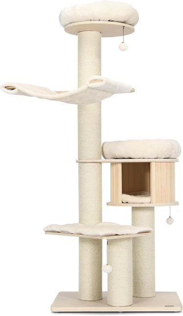 Wood Cat Tree for Indoor Cats, Tall Modern Cat Tower w/Sisal Scratching Posts, Condo, Padded Perch, Hammock, Napping Bed