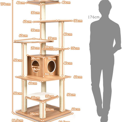 Cat Tree, Wooden Cat Tower with 6-Layer Platform, Sisal Rope Scratching Posts
