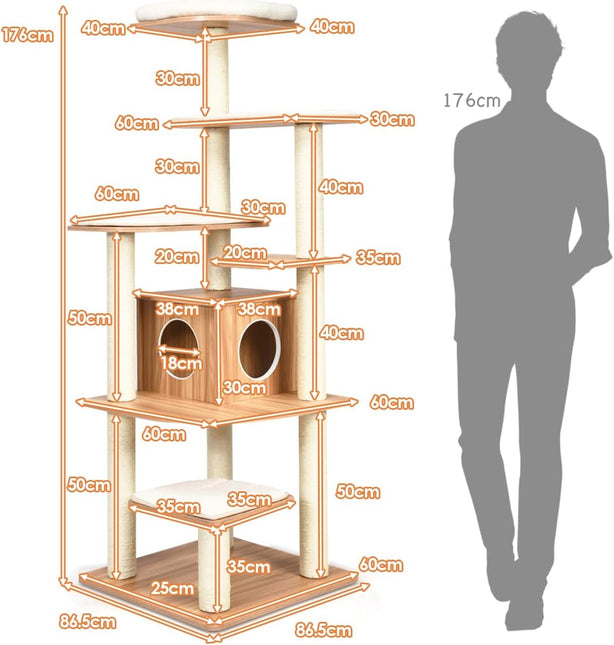 Cat Tree, Wooden Cat Tower with 6-Layer Platform, Sisal Rope Scratching Posts
