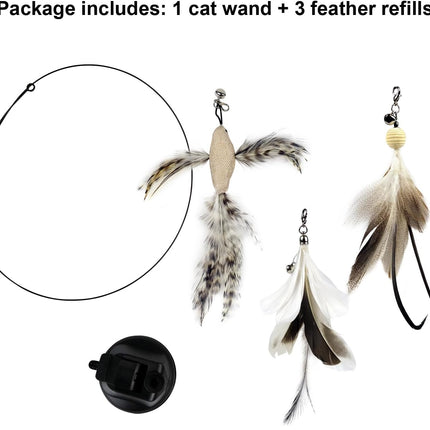 Cat Wand Toys with Suction Cup, Interactive Bird Simulation Cat Toy Set,Cat Teaser Cat Toys,Flexible Steel Wire and 3Pcs Replacement Feather Refills with Bells