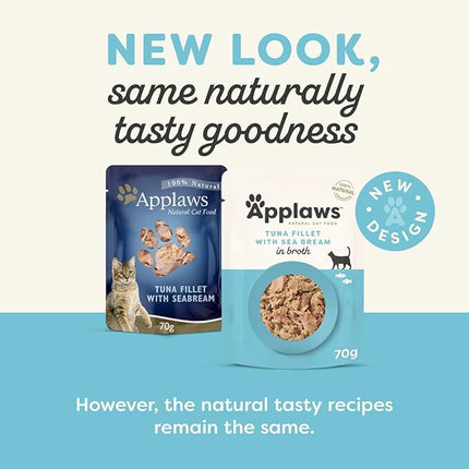 Applaws 100% Natural Wet Cat Food Tuna Fillet with Sea Bream in Broth, Limited Ingredients Pet Food 70g Pouch (Pack of 16)