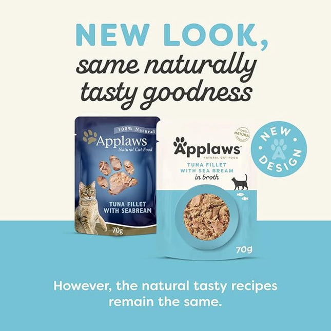 Applaws 100% Natural Wet Cat Food Tuna Fillet with Sea Bream in Broth, Limited Ingredients Pet Food 70g Pouch (Pack of 16)