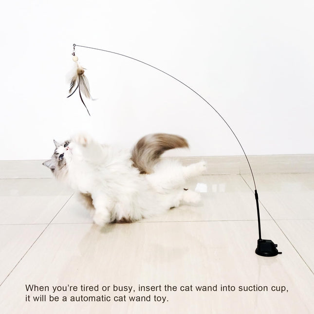 Cat Wand Toys with Suction Cup, Interactive Bird Simulation Cat Toy Set,Cat Teaser Cat Toys,Flexible Steel Wire and 3Pcs Replacement Feather Refills with Bells