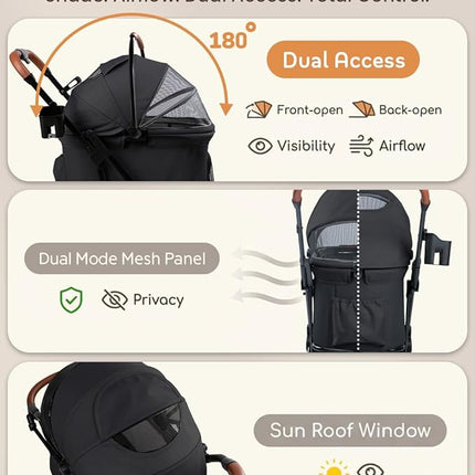 Premium Pet Stroller with Detachable Carrier for Small Dogs & Cats, Lightweight Foldable Design, Travel-Ready, Compact Storage (Midnight Black)