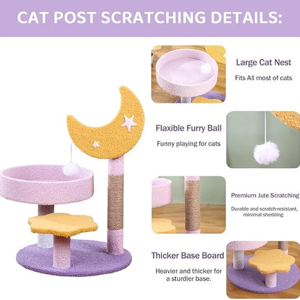 Indoor Cat Tree Tower – Small Kitten Condo with Bed, Built-in Sisal Scratcher, Moon & Star Design, 60cm Climbing Tower for Cats, Purple