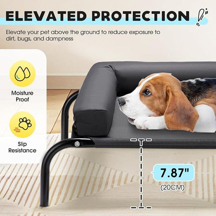 Cooling Elevated Dog Bed with Pillows, Raised Pet Bed for Small Medium Dogs, Portable Washable Dog Cot with No-Slip Rubber Feet, Indoor & Outdoor Use, Black, Medium(88x64x20CM)