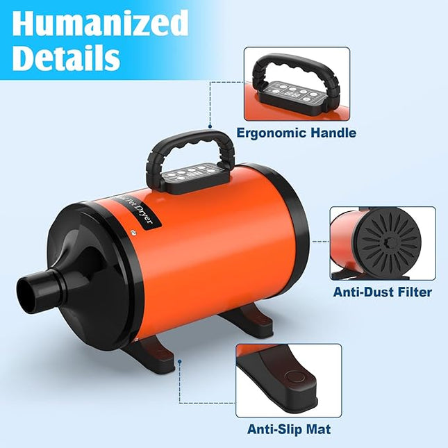 ADVWIN Dog Dryer, Pet Grooming Blow Dryer with LCD Display & Temperature Control, 50-120m/s Adjustable Speed, 4 Different Nozzles, Orange
