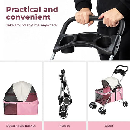 PaWz 4 Wheels Foldable Pet Stroller Dog Cat Travel Carrier Large Pink, Removable Canopy Dog Pram with 2 Safety Leash, Detachable Folding Pet Stroller Trolley for Cats Dogs, Pet Carrier with Wheels