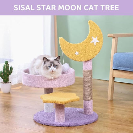 Indoor Cat Tree Tower – Small Kitten Condo with Bed, Built-in Sisal Scratcher, Moon & Star Design, 60cm Climbing Tower for Cats, Purple