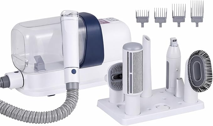 Pet Grooming Kit Vacuum Hair Dryer Clipper Brushes Cleaning White 7in1