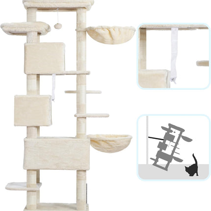 Hey-brother Cat Tree, 188 cm Multi-Level XL Large Cat Tower for Indoor Cats with Three Cat Condos, Beige MPJ035-MM