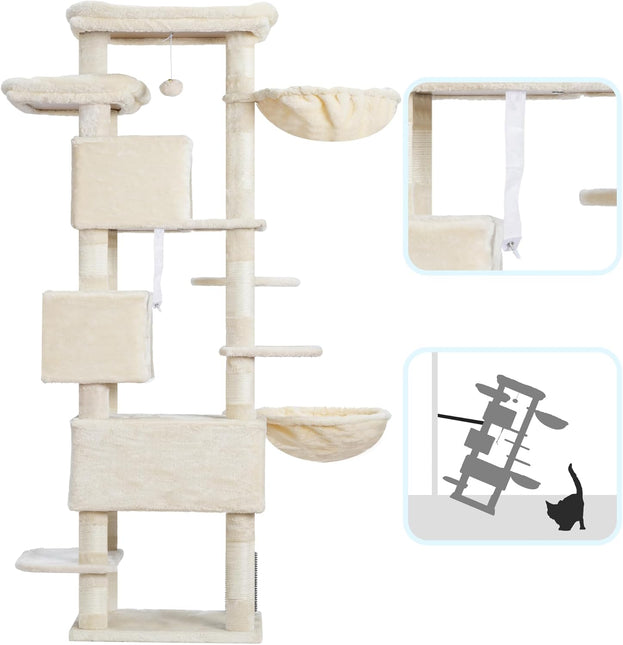 Hey-brother Cat Tree, 188 cm Multi-Level XL Large Cat Tower for Indoor Cats with Three Cat Condos, Beige MPJ035-MM