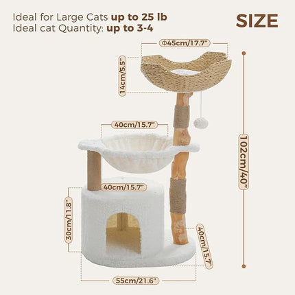 PAWZ Road Modern Cat Tree with Real Wood&Wicker Basket for Large Cats White