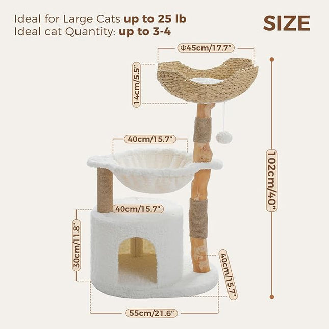 PAWZ Road Modern Cat Tree with Real Wood&Wicker Basket for Large Cats White