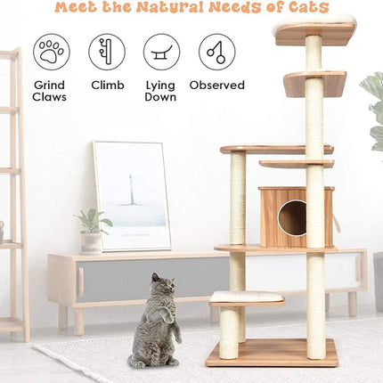 Cat Tree, Wooden Cat Tower with 6-Layer Platform, Sisal Rope Scratching Posts