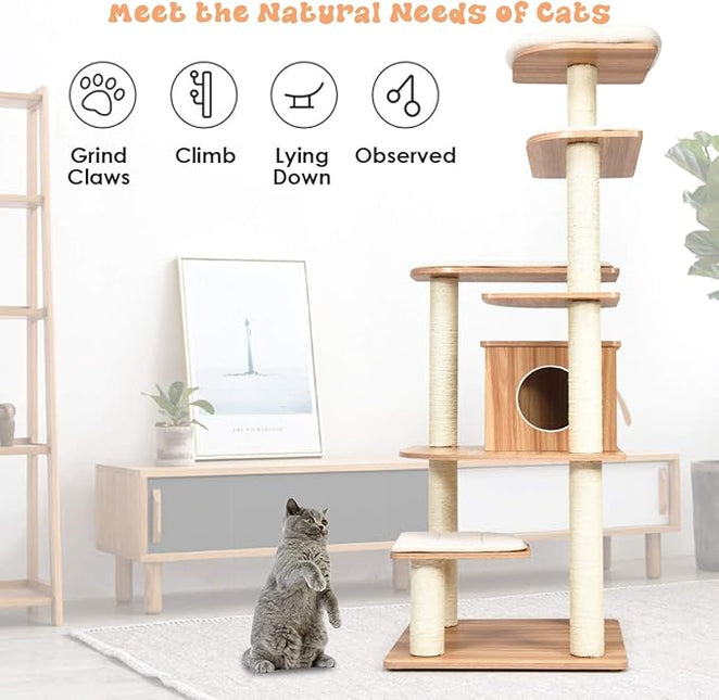 Cat Tree, Wooden Cat Tower with 6-Layer Platform, Sisal Rope Scratching Posts
