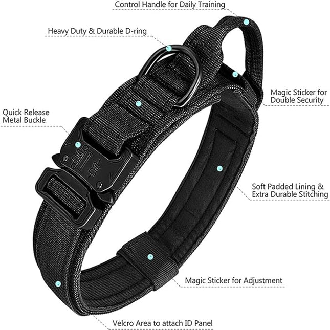 Military Tactical Dog Collar Heavy Duty Pet Collar with Metal Buckle Adjustable Black XL