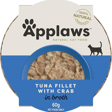 Applaws 100% Natural Wet Cat Food Tuna Fillet with Crab in Broth, Limited Ingredients Pet Food 60g Pot (Pack of 10)
