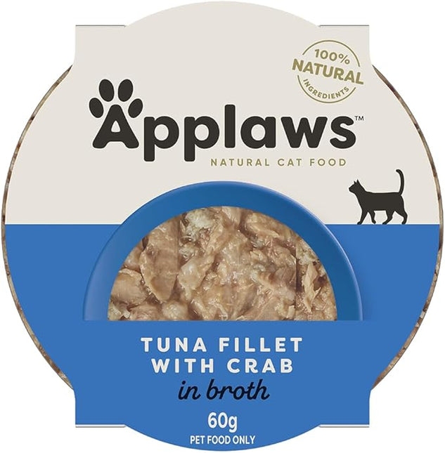 Applaws 100% Natural Wet Cat Food Tuna Fillet with Crab in Broth, Limited Ingredients Pet Food 60g Pot (Pack of 10)