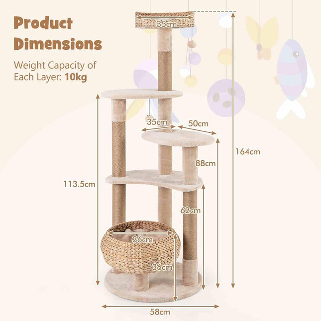 Costway Cat Tree, 164cm Cattail Cat Tower w/Jute Scratching Posts, Basket Bed, Adult Cats