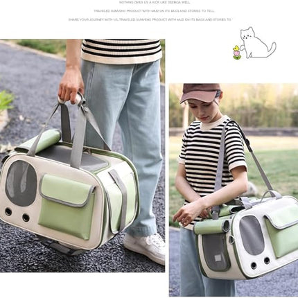 Collapsible Airline Approved Pet Carrier for Cats & Dogs up to 17 lbs – Soft-Sided Travel Carrier with Breathable Mesh, Roll-Up Curtain & Easy-Clean Design (Green+Beige)