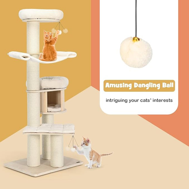 Wood Cat Tree for Indoor Cats, Tall Modern Cat Tower w/Sisal Scratching Posts, Condo, Padded Perch, Hammock, Napping Bed