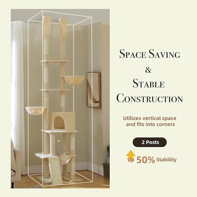 PAWZ Road Floor to Ceiling Cat Tree, 85–112" Tall Cat Tower with Dual Posts